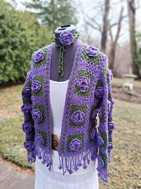 Purple 3D Floral Fringe Granny Square Sweater and Rose Wrap Choker M/L